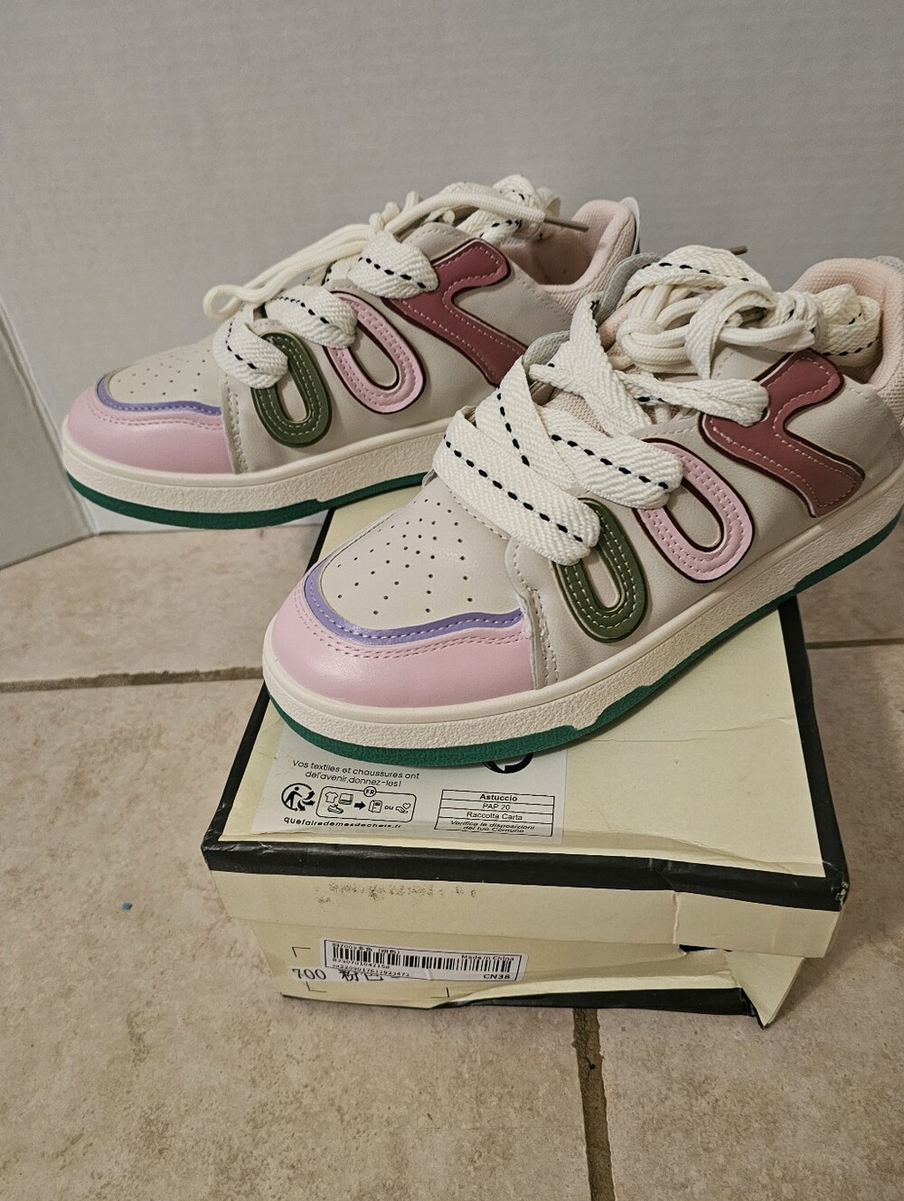 Womens Pastel Multi-Color Lace-Up Sneakers - Pink & Green